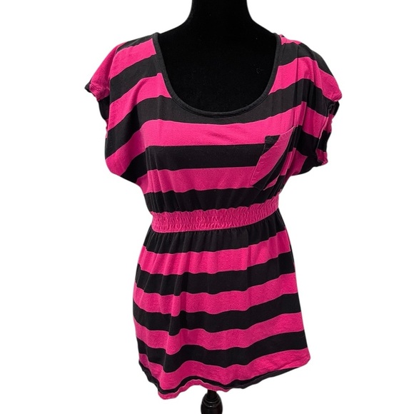 Y2K No Boundaries Hot Pink & Black Striped BabyDoll Top L scene mcbling vintage - Picture 1 of 8